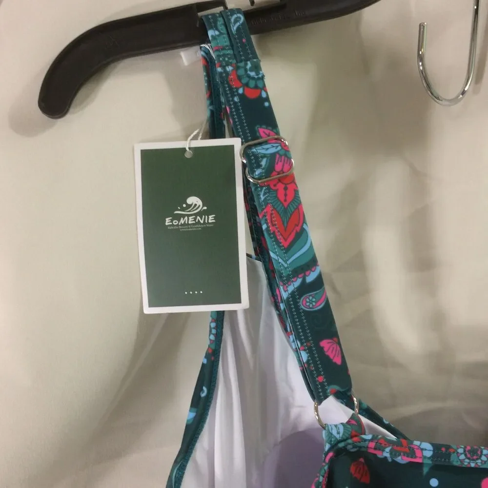 NEW Eomenie Green Paisley Swim Dress Large Adjustable Straps Built In Bra NWT - Picture 5 of 6